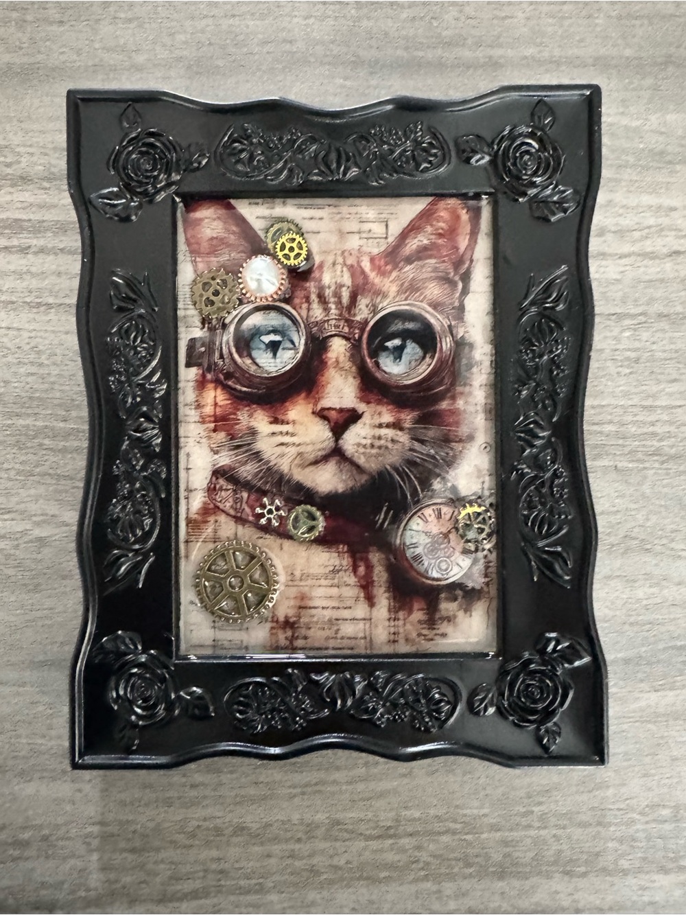 Handmade Steampunk Cat Art mixed collage framed and ready to hang about 5”x6”